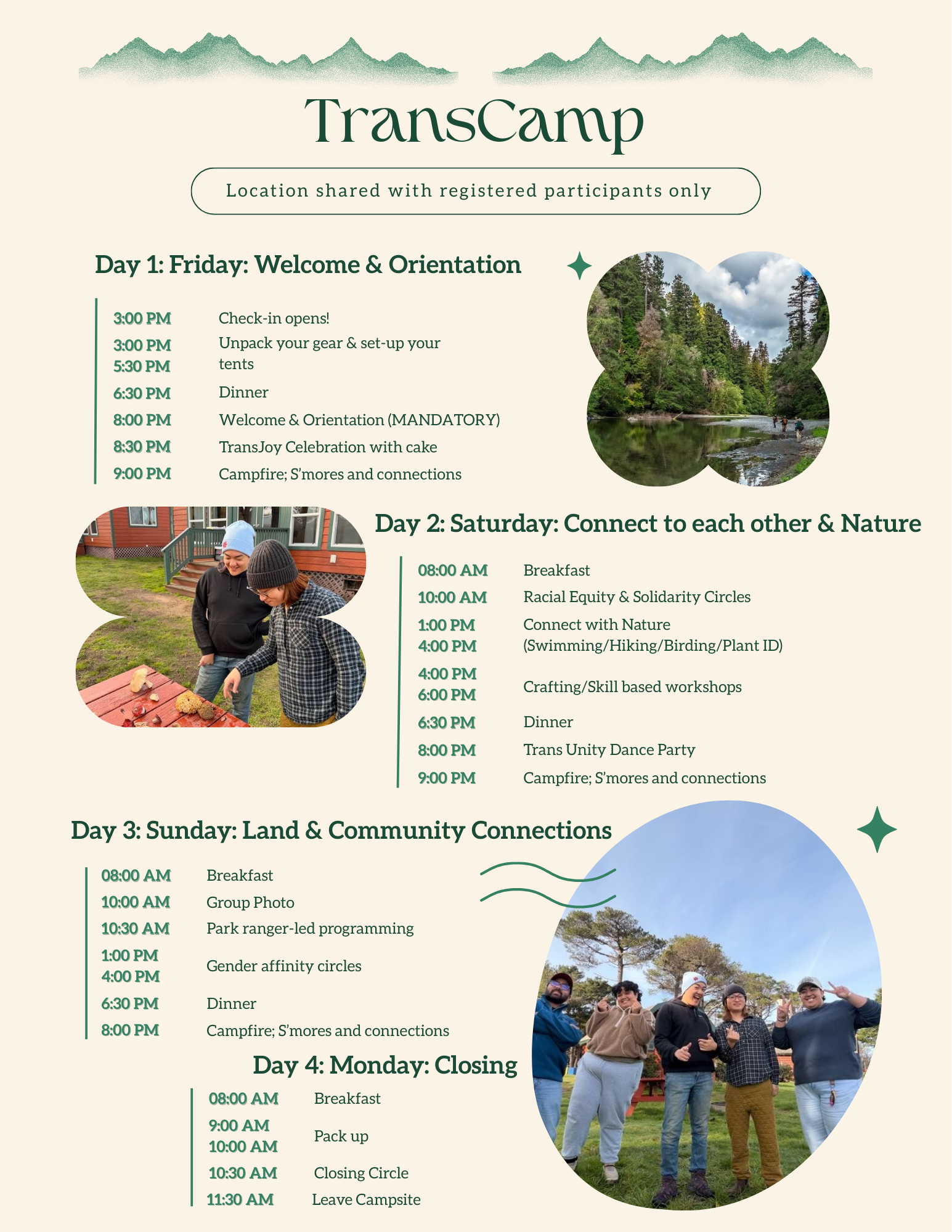 A high level itinerary showing what you can expect at TransCamp with some images from past trips